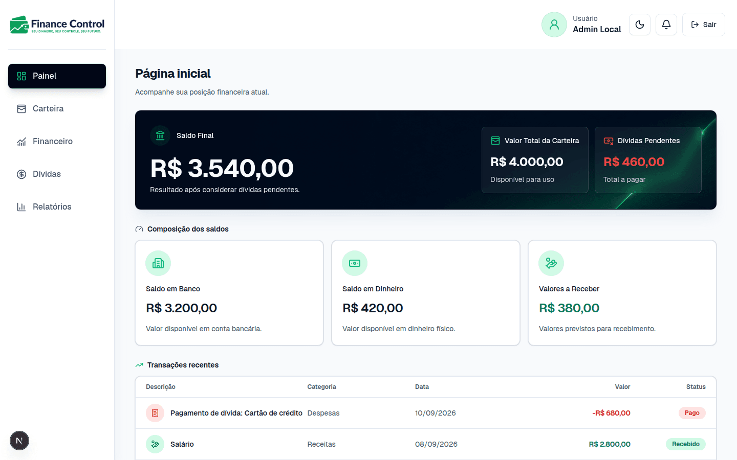 Painel do Finance Control mostrando saldo final, composição da carteira e transações recentes